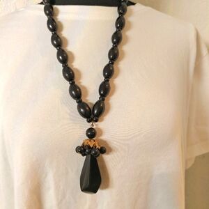 Chunky Black Wood Beaded Statement Pendant Necklace